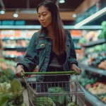 Asian woman shopping in supermarket with vegetables in her cart
