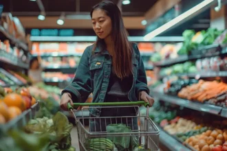 Asian woman shopping in supermarket with vegetables in her cart