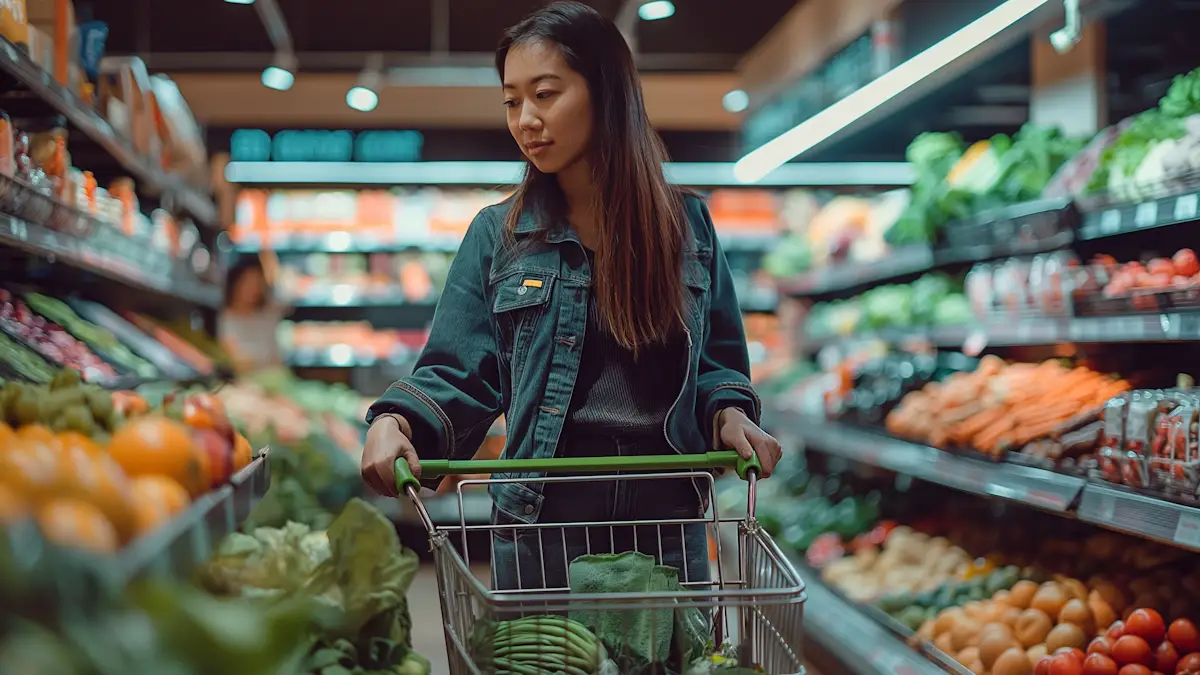 Asian woman shopping in supermarket with vegetables in her cart