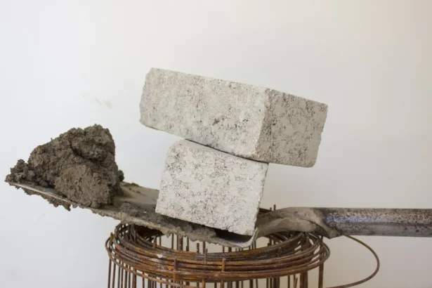 Gray blocks on shovel with bricks and cement for construction