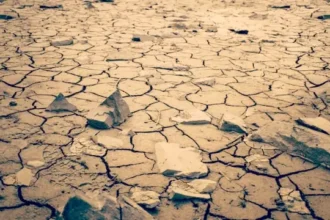 Dried soil with gray stones on white sand during a sunny heatwave.