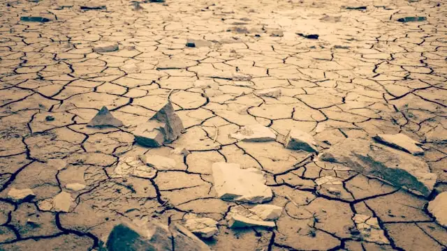 Dried soil with gray stones on white sand during a sunny heatwave.