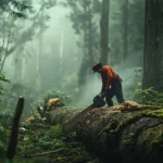 Forester with chainsaw working on mossy log in misty woods.