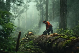 Forester with chainsaw working on mossy log in misty woods.