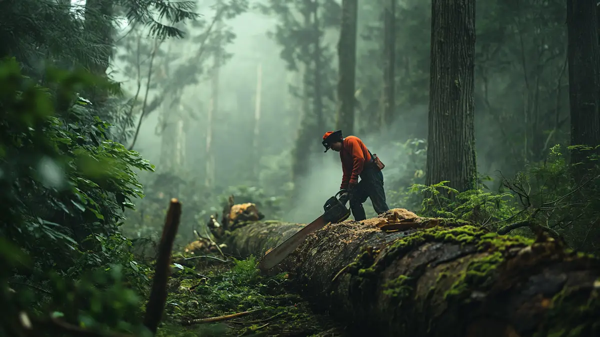 Forester with chainsaw working on mossy log in misty woods.