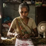 Indian woman crafting handicrafts in a small room with tin roof