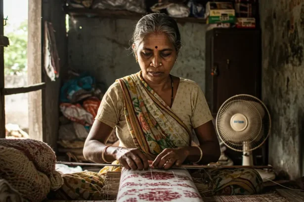 Indian woman crafting handicrafts in a small room with tin roof