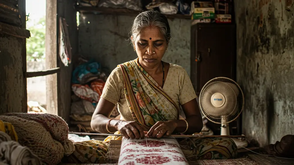 Indian woman crafting handicrafts in a small room with tin roof
