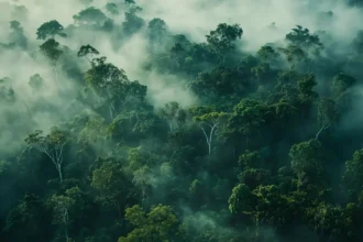 Aerial view of a misty green rainforest with dense trees and mystical fog.