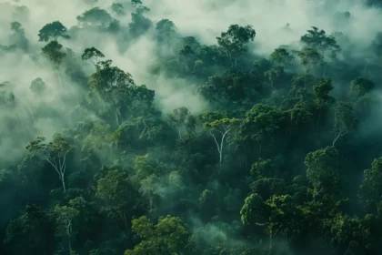 Aerial view of a misty green rainforest with dense trees and mystical fog.