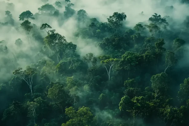 Aerial view of a misty green rainforest with dense trees and mystical fog.