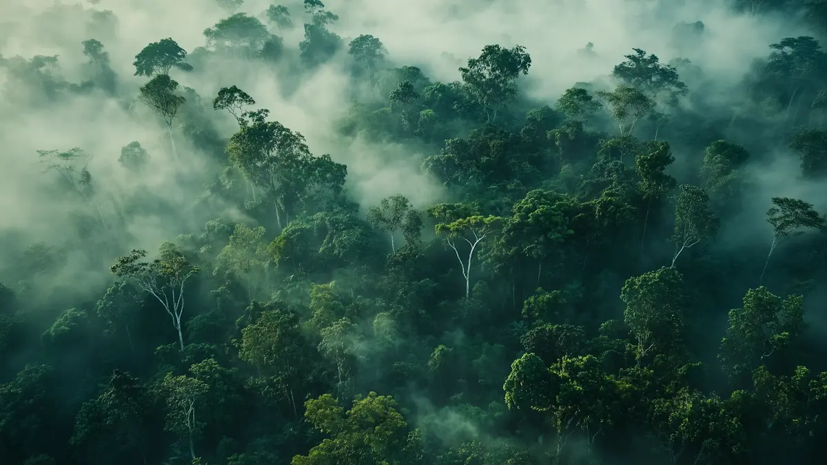 Aerial view of a misty green rainforest with dense trees and mystical fog.