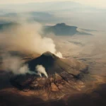 Aerial view of a smoking volcano in barren landscape with overcast skies