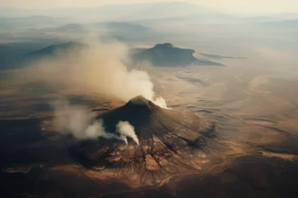 Aerial view of a smoking volcano in barren landscape with overcast skies