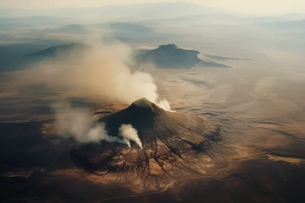 Aerial view of a smoking volcano in barren landscape with overcast skies