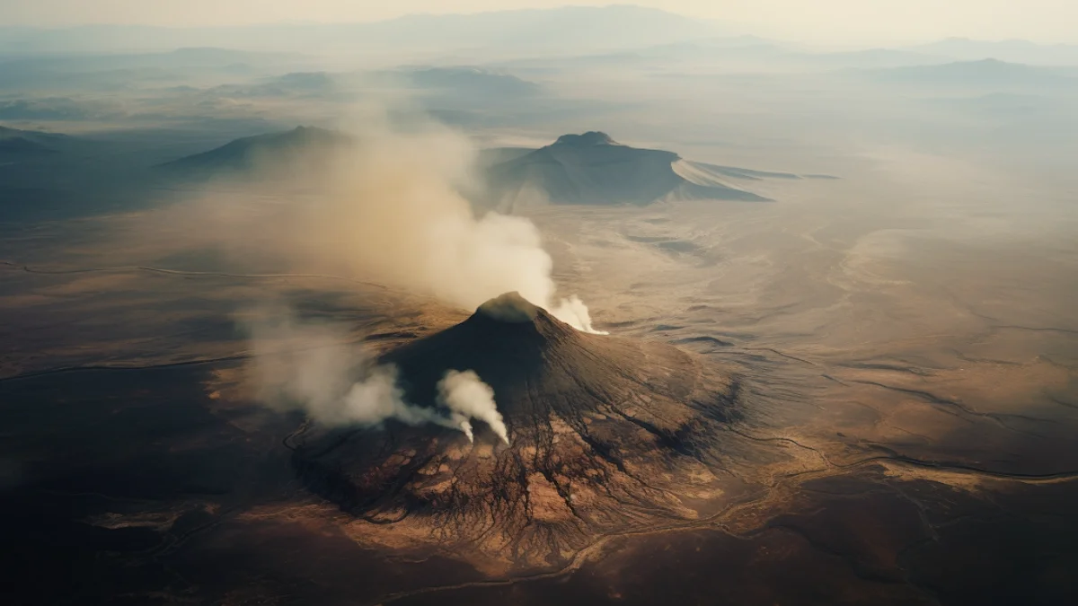 Aerial view of a smoking volcano in barren landscape with overcast skies