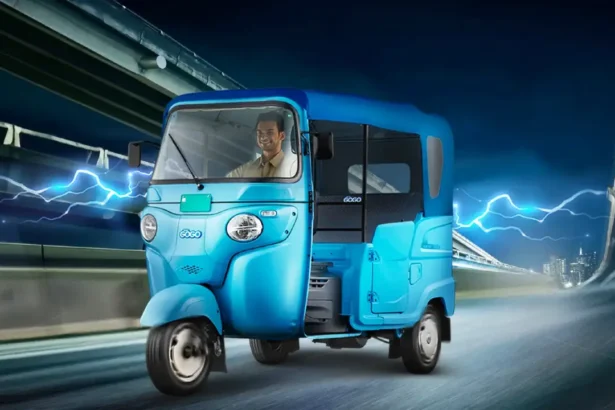 Electric Bajaj GOGO three-wheeler showcasing modern design and eco-friendly features.