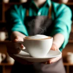 Barista serving cappuccino in cozy cafe with mug shelves