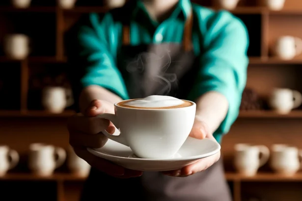 Barista serving cappuccino in cozy cafe with mug shelves