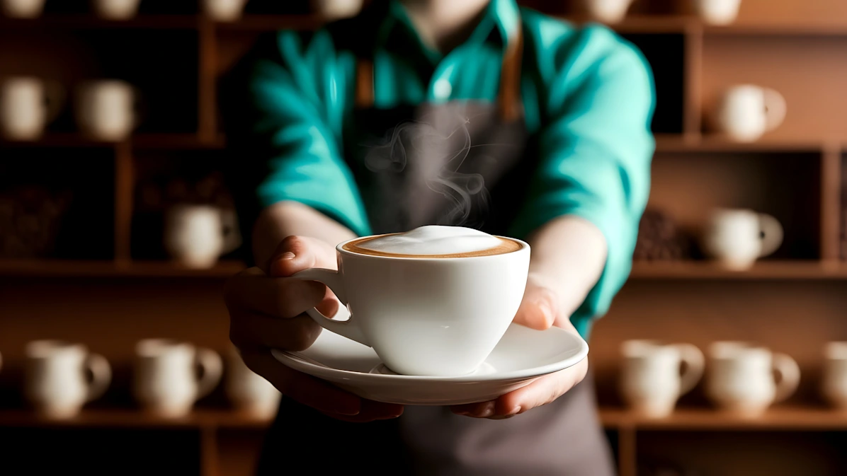 Barista serving cappuccino in cozy cafe with mug shelves