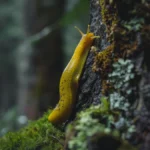 Vivid yellow banana slug on mossy tree bark in forest environment.