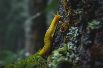 Vivid yellow banana slug on mossy tree bark in forest environment.