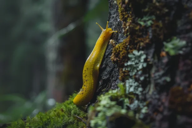 Vivid yellow banana slug on mossy tree bark in forest environment.