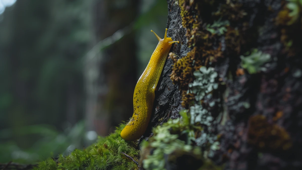 Vivid yellow banana slug on mossy tree bark in forest environment.
