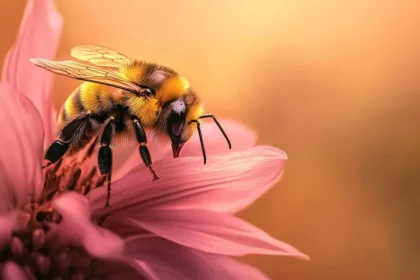 Bee on pink flower with detailed textures and vibrant colors.