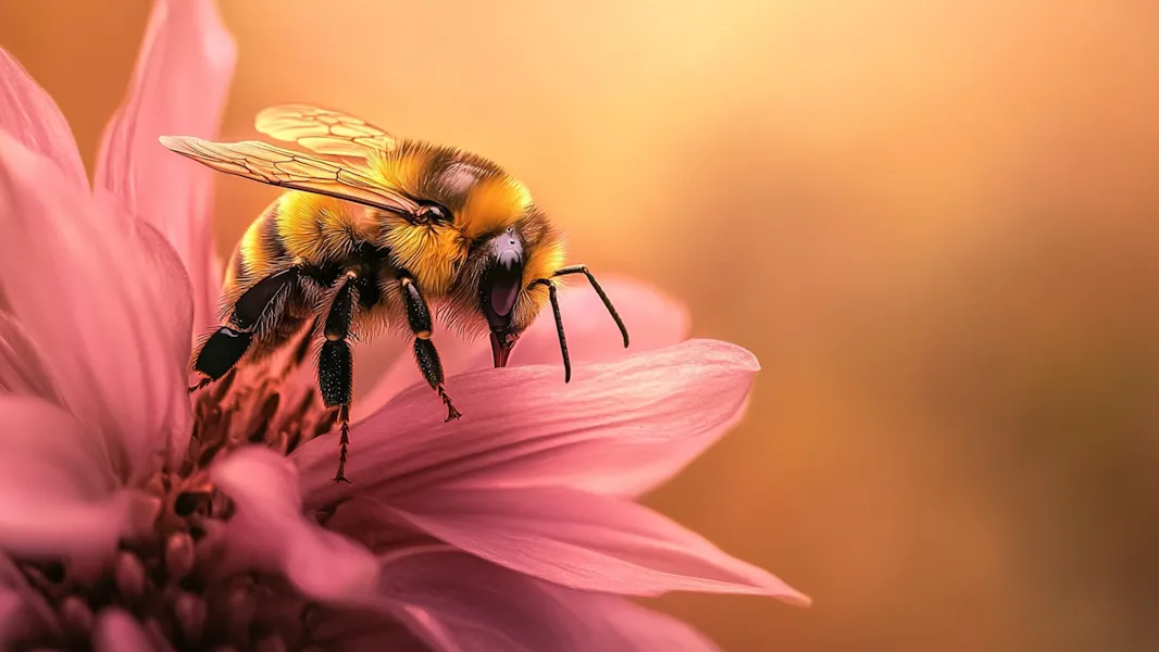 Bee on pink flower with detailed textures and vibrant colors.