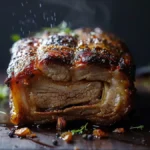 Close-up of crispy roasted pork belly with herbs on a wooden board