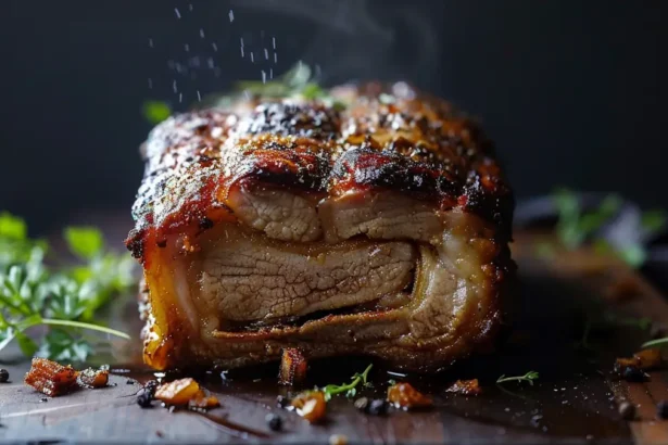 Close-up of crispy roasted pork belly with herbs on a wooden board
