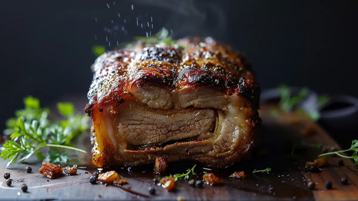 Close-up of crispy roasted pork belly with herbs on a wooden board