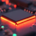 Close-up of a glowing computer CPU with electronic connections and colorful lights.