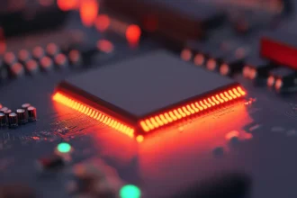 Close-up of a glowing computer CPU with electronic connections and colorful lights.