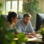 Two colleagues working in a green, light-filled office space.