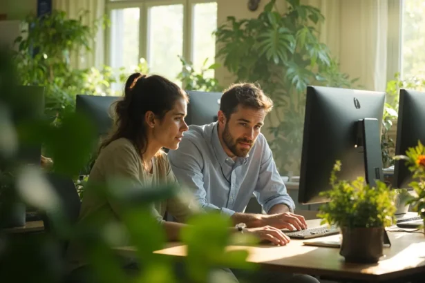 Two colleagues working in a green, light-filled office space.