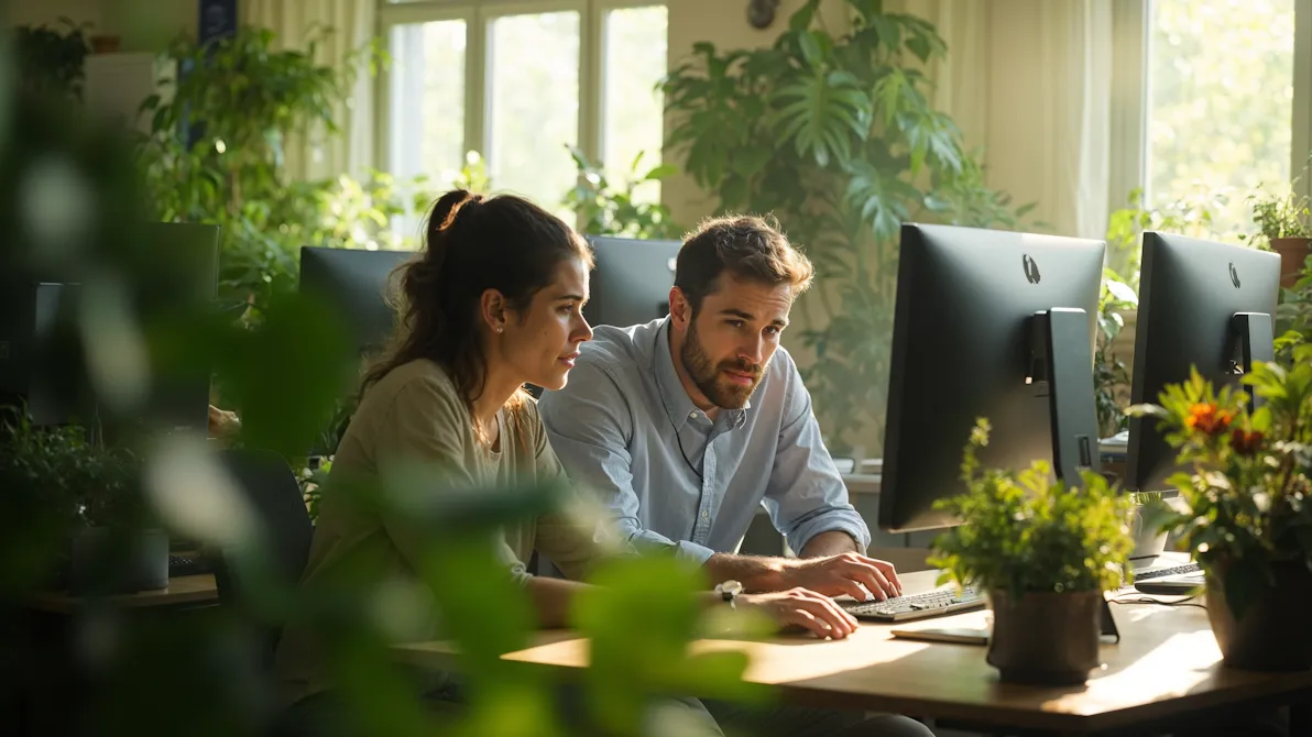 Two colleagues working in a green, light-filled office space.