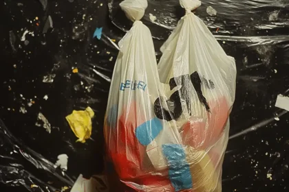 Plastic bag with colorful items on dark, debris-filled background emphasizing waste.