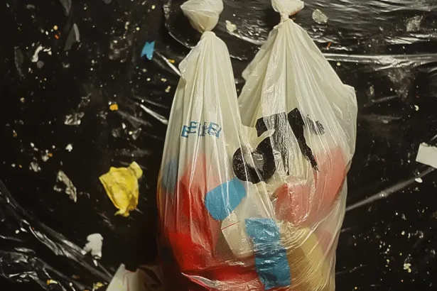 Plastic bag with colorful items on dark, debris-filled background emphasizing waste.