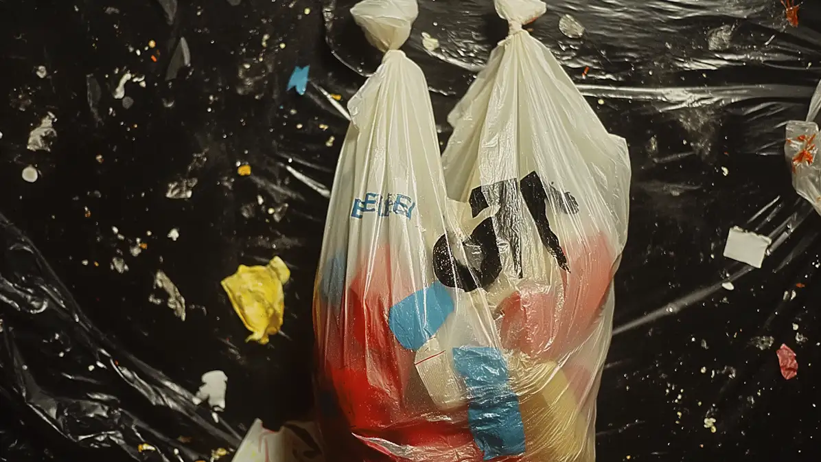 Plastic bag with colorful items on dark, debris-filled background emphasizing waste.