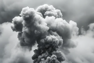 Dark gray smoke cloud rising against a light clouded sky, showing turbulent movement.