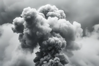 Dark gray smoke cloud rising against a light clouded sky, showing turbulent movement.