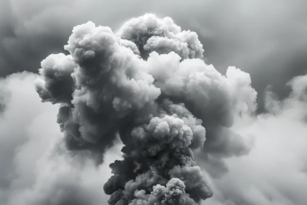 Dark gray smoke cloud rising against a light clouded sky, showing turbulent movement.