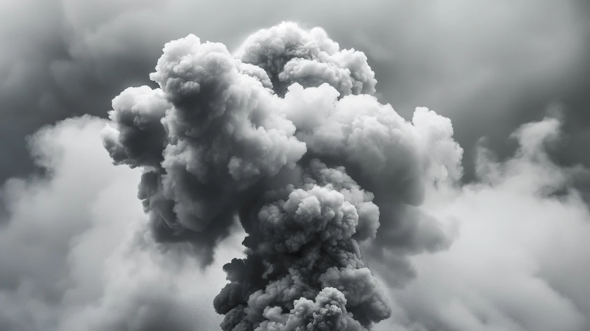 Dark gray smoke cloud rising against a light clouded sky, showing turbulent movement.