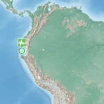 Map showing the May 8, 2025, shallow earthquake near Peru-Ecuador border affecting local cities.