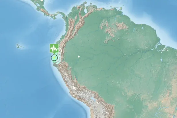 Map showing the May 8, 2025, shallow earthquake near Peru-Ecuador border affecting local cities.