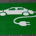 Eco-friendly green and white electric car and sustainability symbol sign