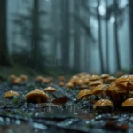 Misty forest with glowing orange mushrooms and falling raindrops in rain.