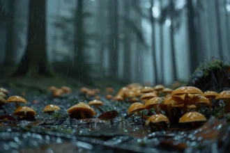 Misty forest with glowing orange mushrooms and falling raindrops in rain.